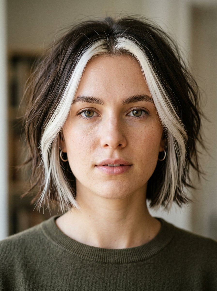 Portrait of a woman wearing a green sweater with dark hair and bright white face-framing highlights.