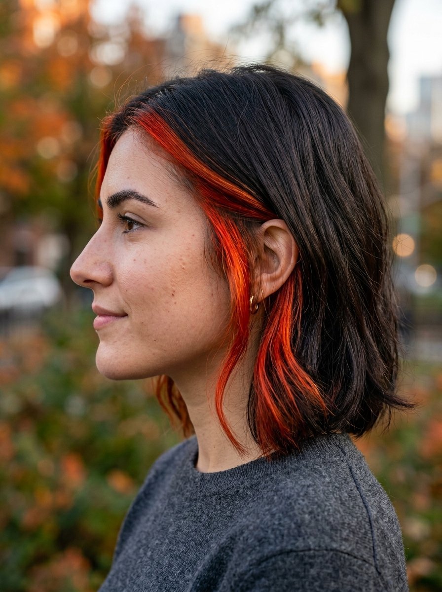 A woman with a dark bob haircut featuring bright orange sections of hair shown in profile.