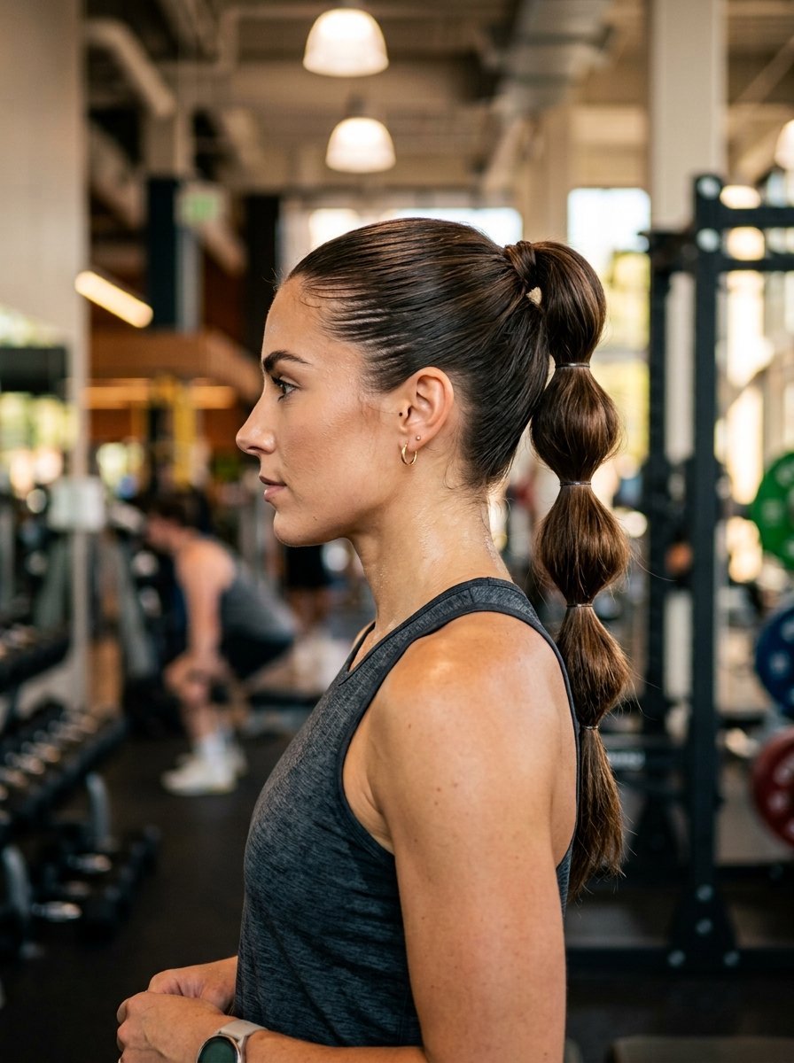 Close up of an athletic woman wearing a brown bubble ponytail while working out in a gym.