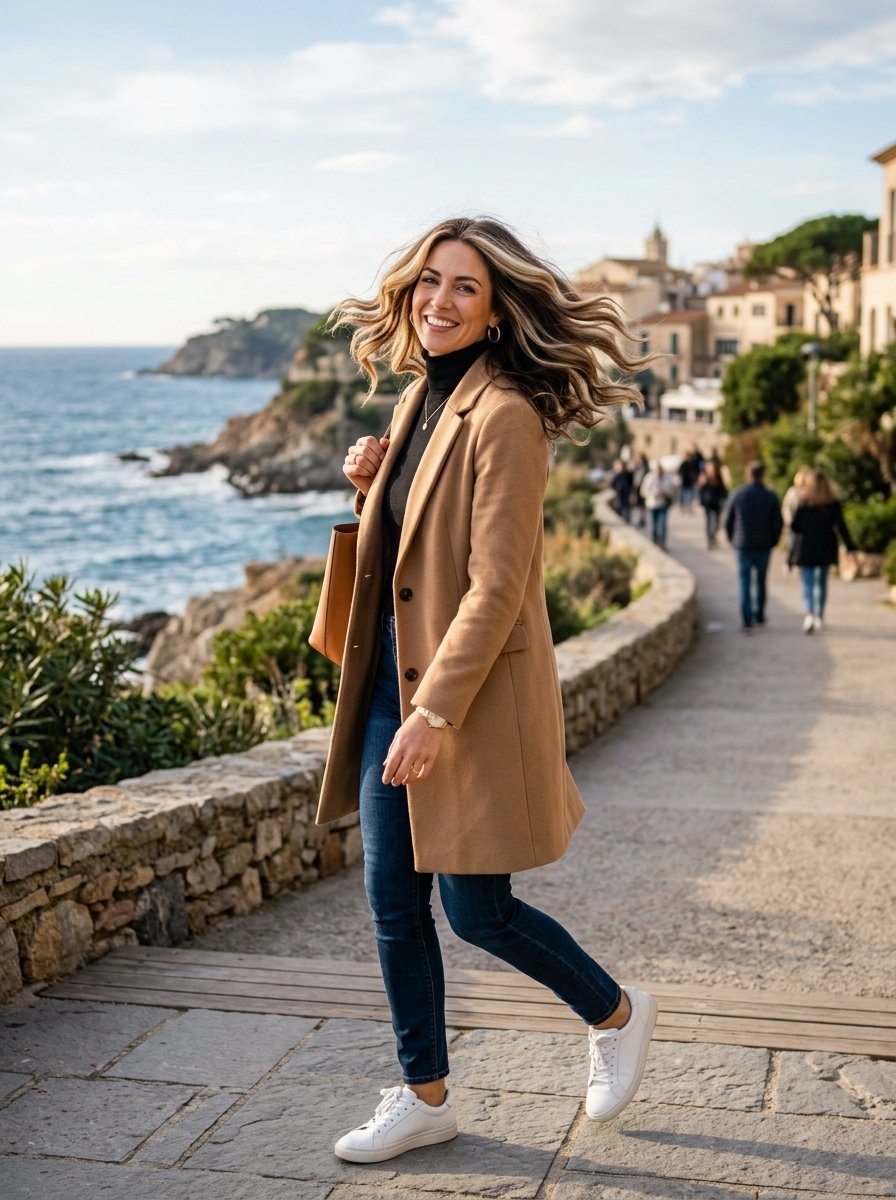 A smiling blonde woman in a camel coat and jeans walks along a stone coastal path near the ocean.