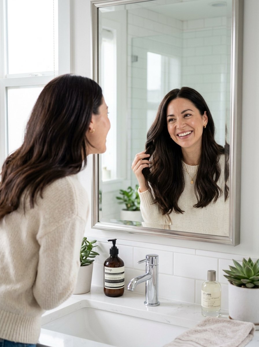 Woman in white sweater smiling while touching her long dark hair in a bathroom vanity mirror.