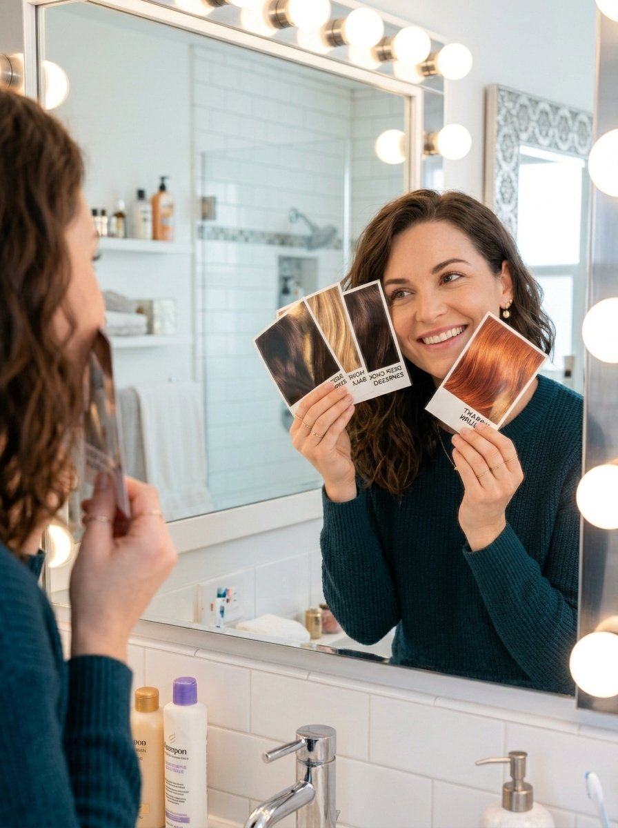Woman in a teal sweater holding up four different hair color swatches while looking into a vanity mirror.
