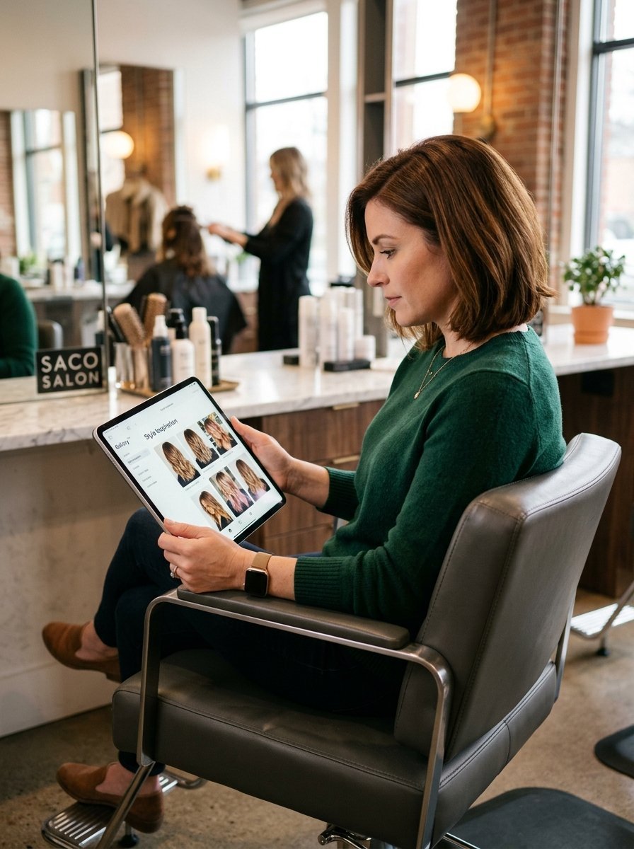 A woman in a green sweater sits in a salon chair and looks at photos of hairstyles on an iPad.