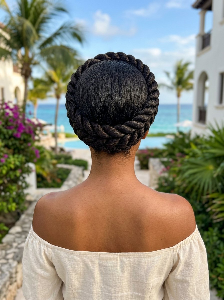 Rear view of a person with dark hair styled into a thick, neat, braided halo circle against a beach resort background.