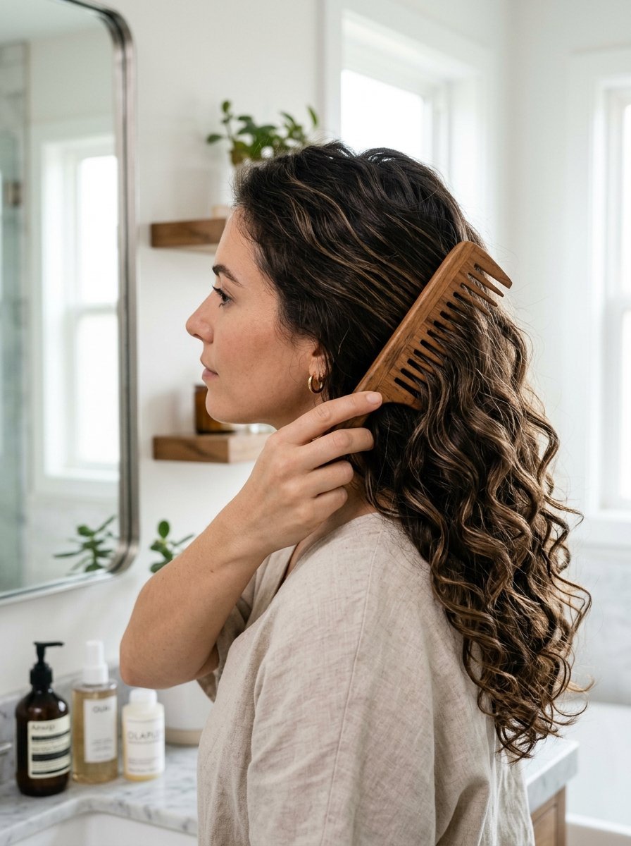 Side profile of a woman in a bathroom styling her long curly hair with a natural wooden comb.