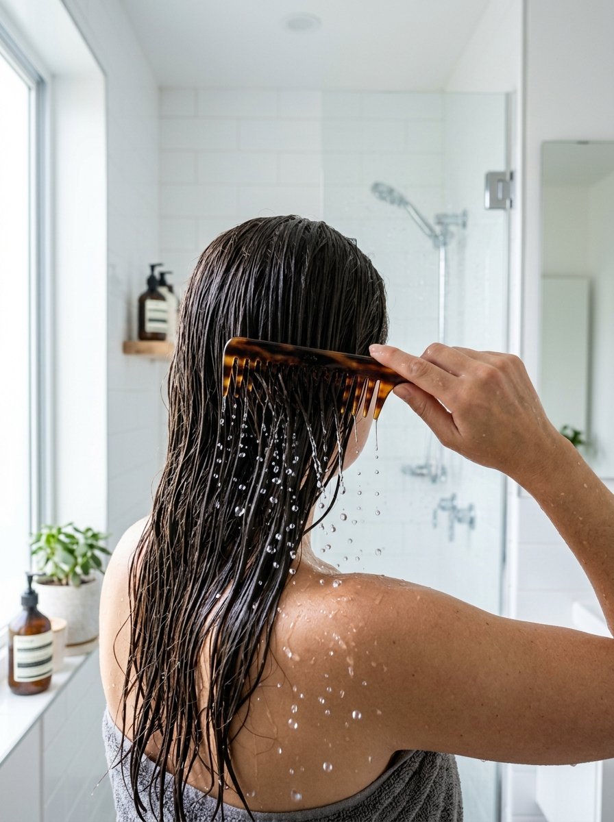 Person in a towel combing long, saturated hair with a wide-tooth comb in a bright bathroom.