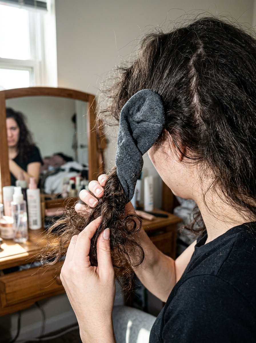 A woman wrapping a section of her dark, curly hair around a grey sock in front of a bedroom vanity mirror.