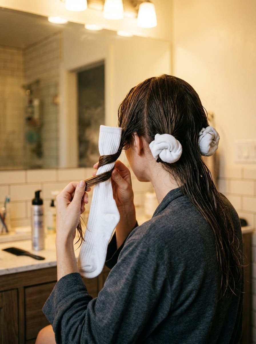 Back view of a person wearing a robe and twisting sections of wet hair around white socks in a bathroom.