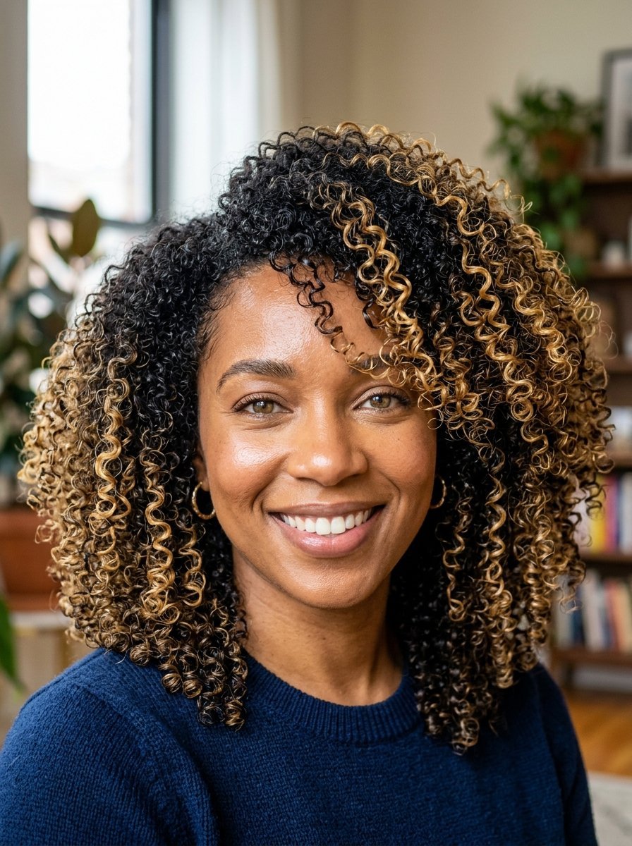 Close up portrait of a smiling woman featuring voluminous dark hair with bright blonde spiral curls.