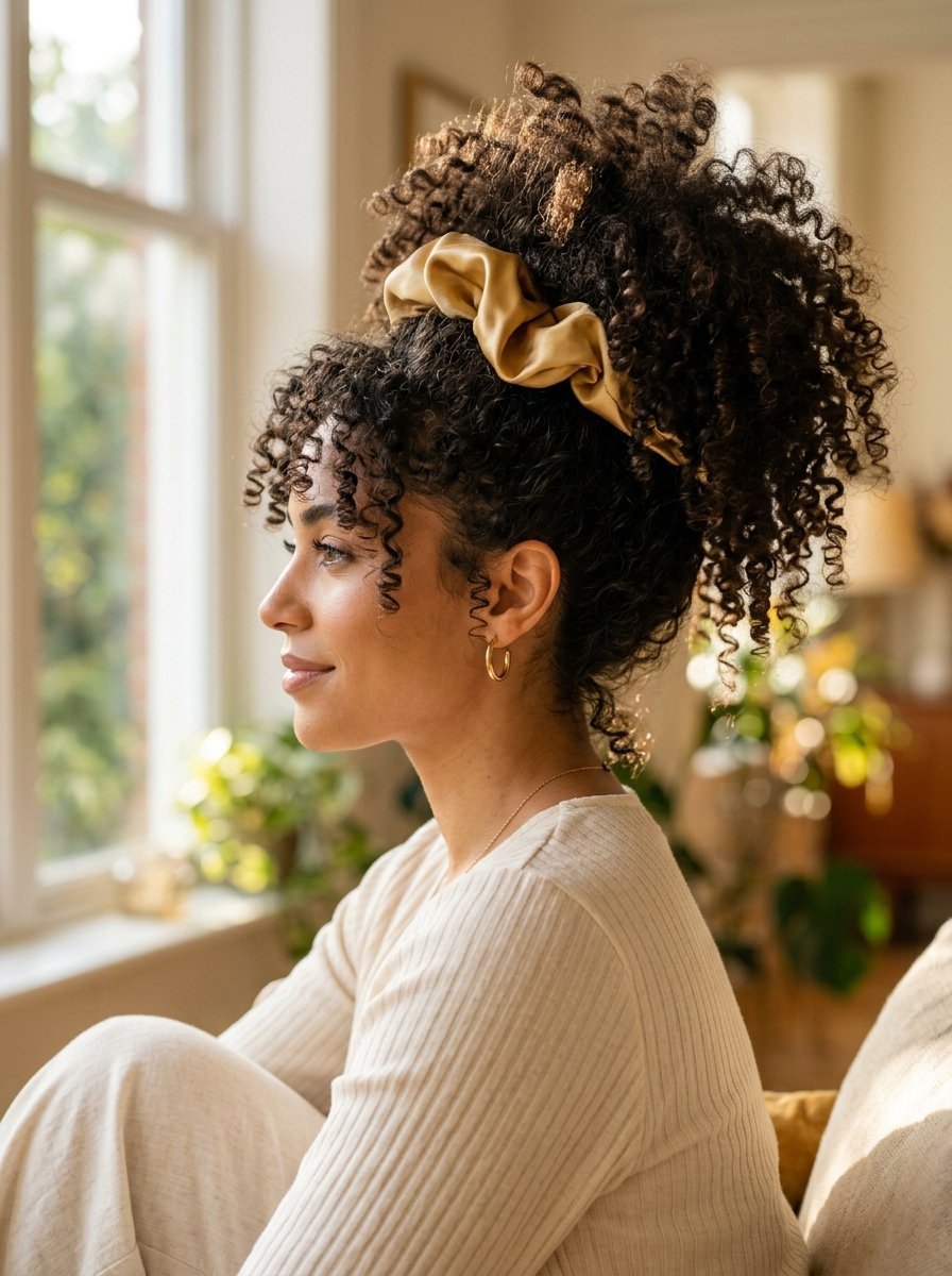 Profile view of a woman with curly hair pulled back in a tan satin hair tie sitting by a bright window.