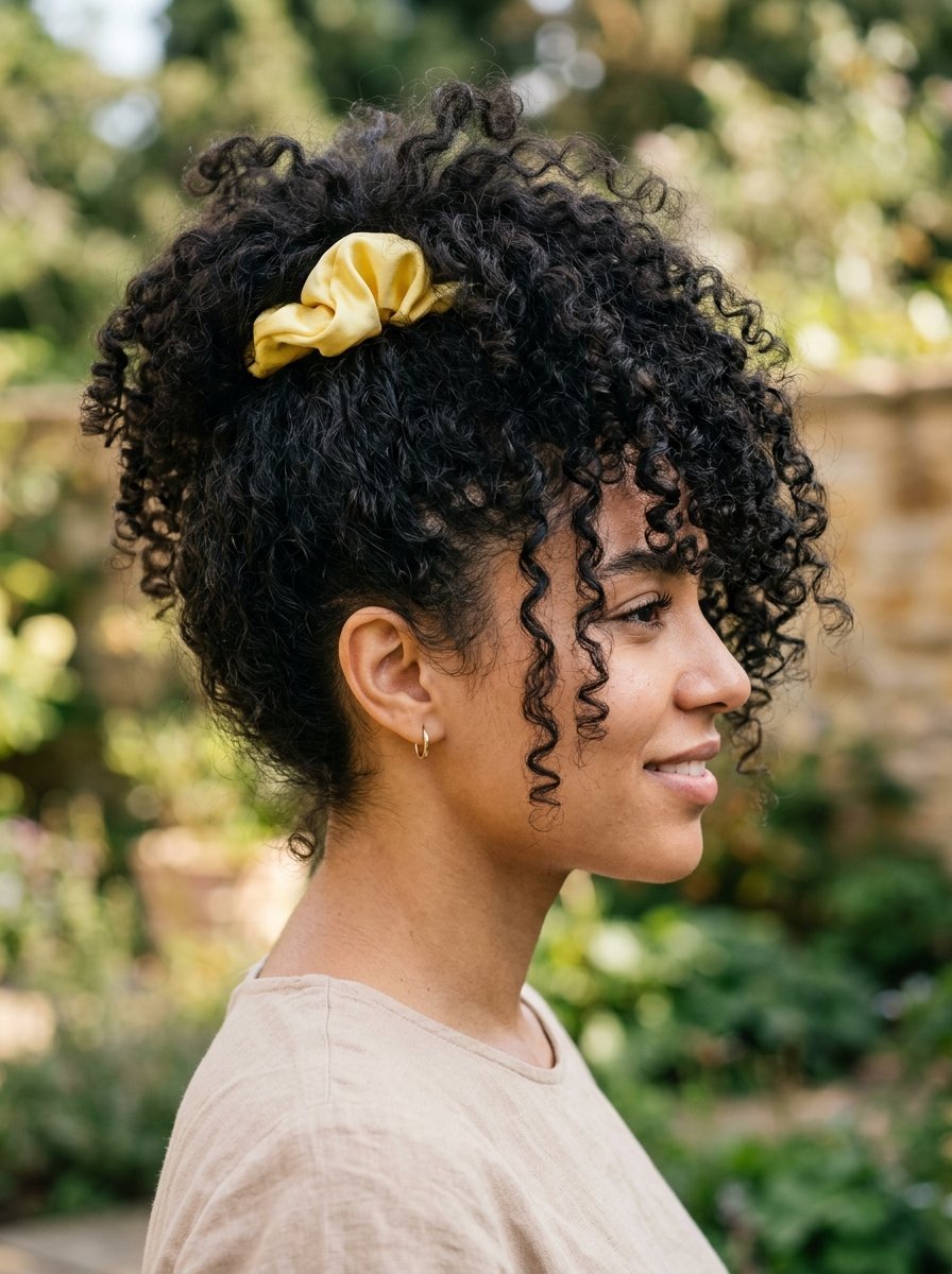 Profile view of a person with tight dark curls wearing a bright yellow satin hair accessory.