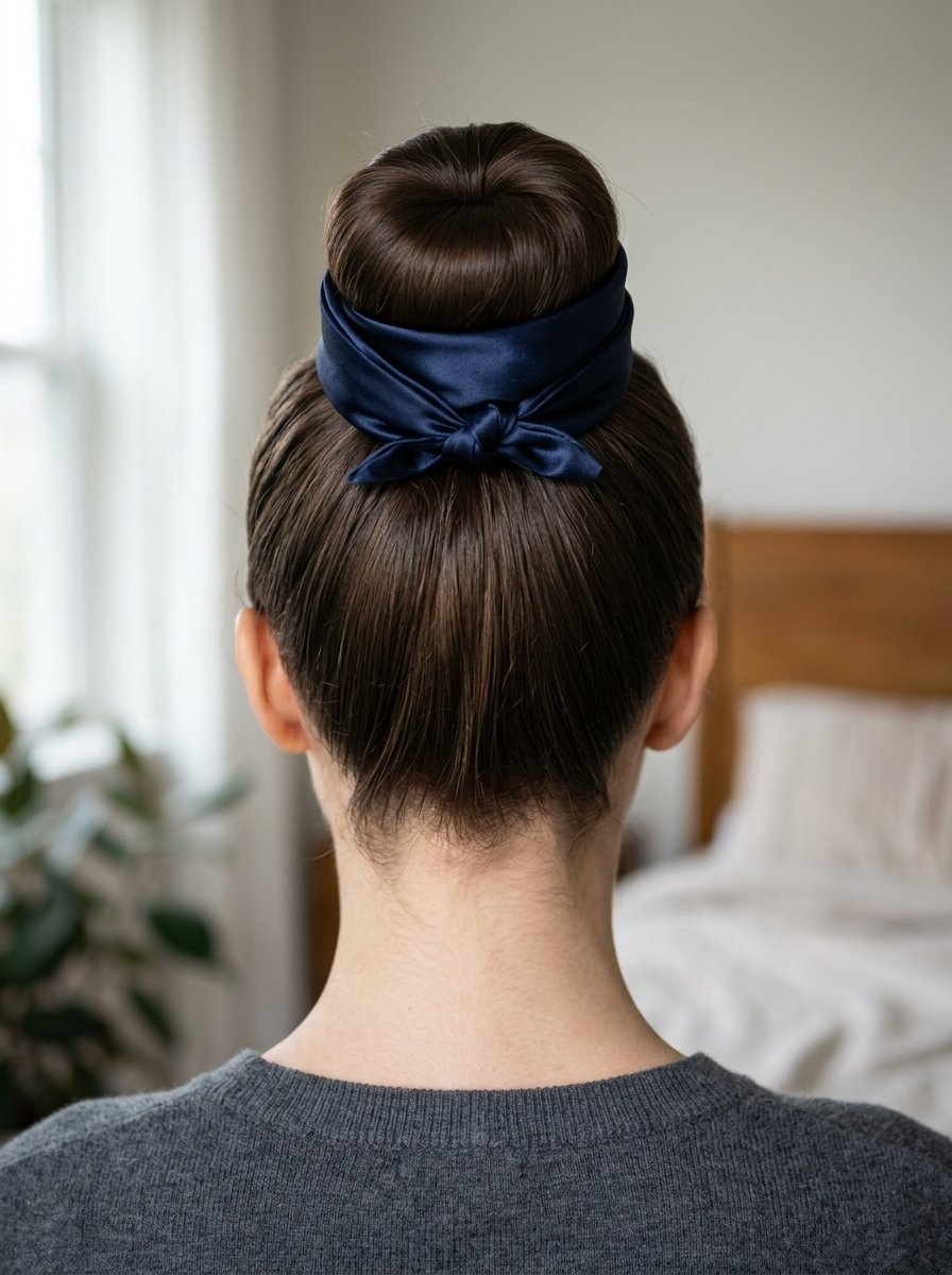 Back view of a person with brown hair in a high bun tied with a knotted dark blue satin ribbon.