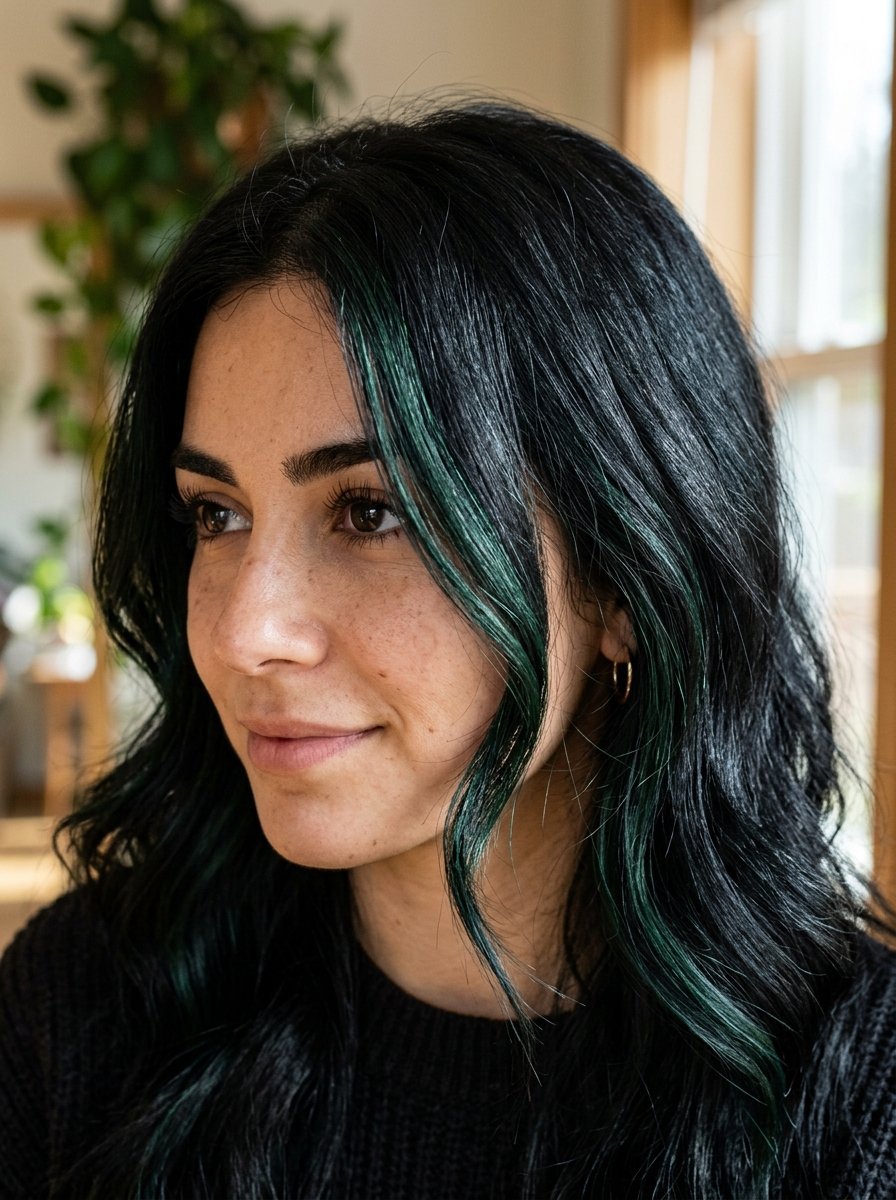 Close-up profile of a young woman with long dark wavy hair featuring subtle green highlights, wearing small gold hoops.