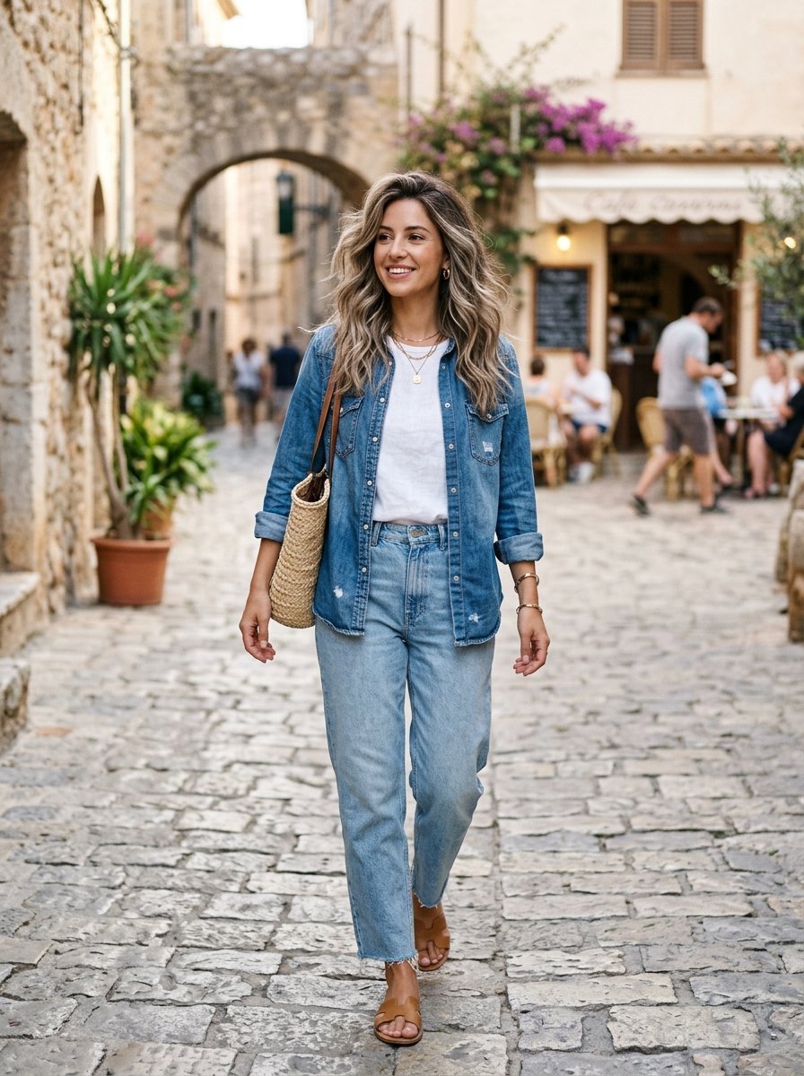 A smiling woman with wavy hair wearing a denim shirt and light jeans walking down an old stone path.