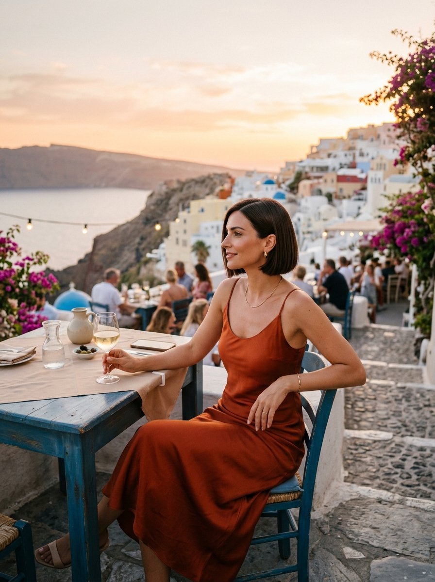 A brunette woman in an orange dress sits at a blue table dining outdoors in Oia with a view of the caldera at sunset.
