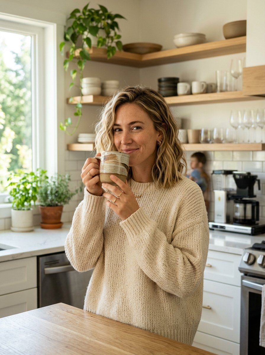 Woman Drinking Coffee Kitchen