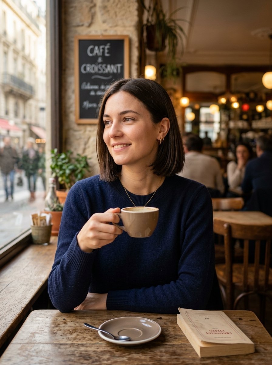 A woman with a bob haircut wearing a navy sweater holding a coffee cup at a wooden cafe table near a street window.
