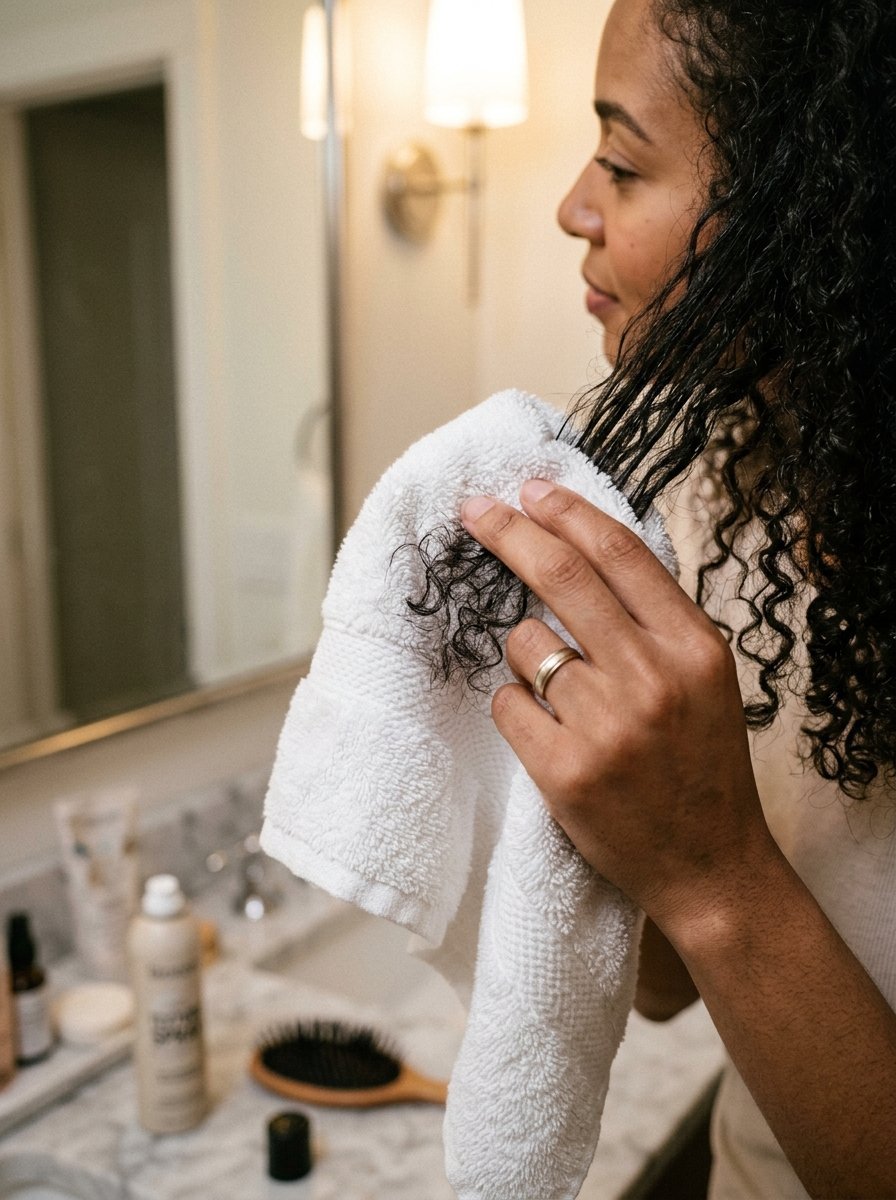 Close-up of a person patting damp textured hair dry with a soft white hand towel in a bathroom.