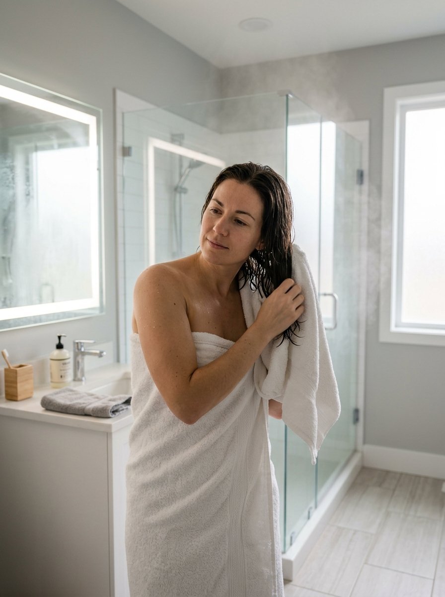 A woman with wet hair wearing a white towel after a steam shower in a modern bathroom.