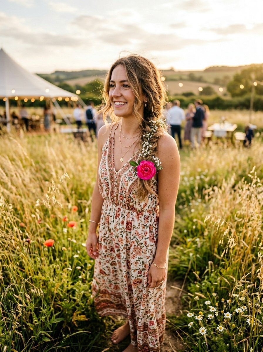 Young woman in a boho print dress with a pink rose and baby's breath in her braided hair standing in a grassy field.
