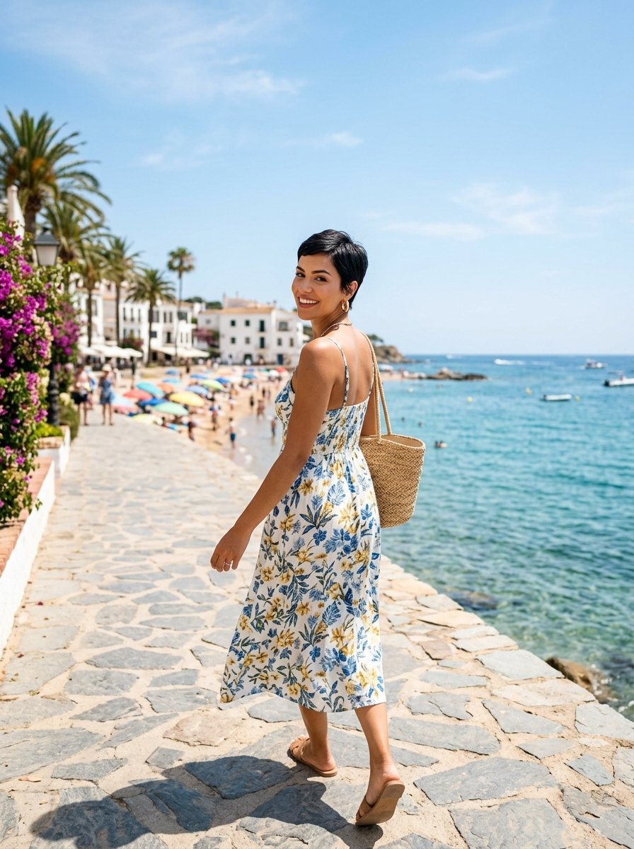 Short-haired woman in a blue and yellow floral sundress with a straw bag walking on a stone Mediterranean boardwalk.