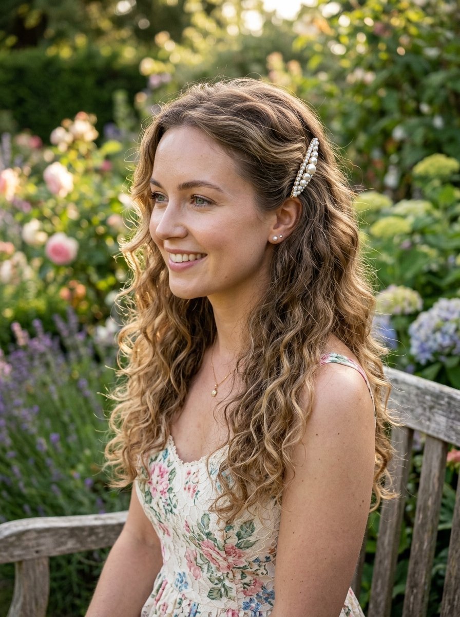 Profile view of woman with wavy blonde hair and floral summer dress sitting on a wooden bench outdoors.