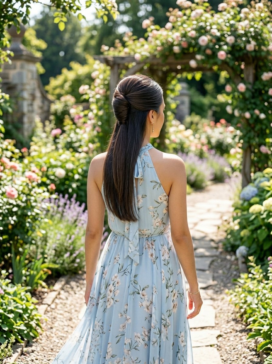 Back view of a woman with a half-up hairstyle wearing a blue floral halter dress in a sunny flower garden.