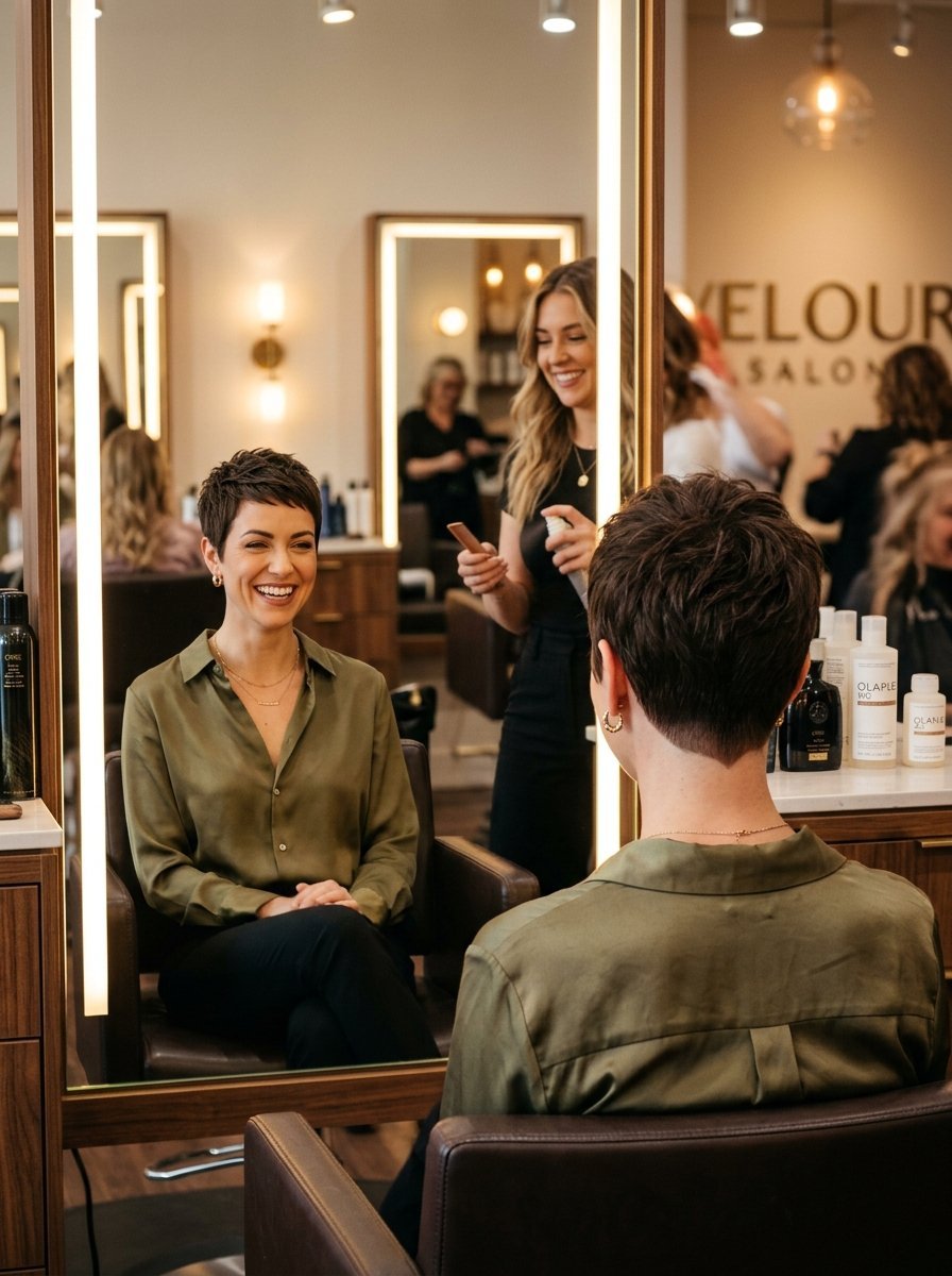 Client viewing her new pixie cut in a lighted salon mirror while her stylist prepares a hair product.