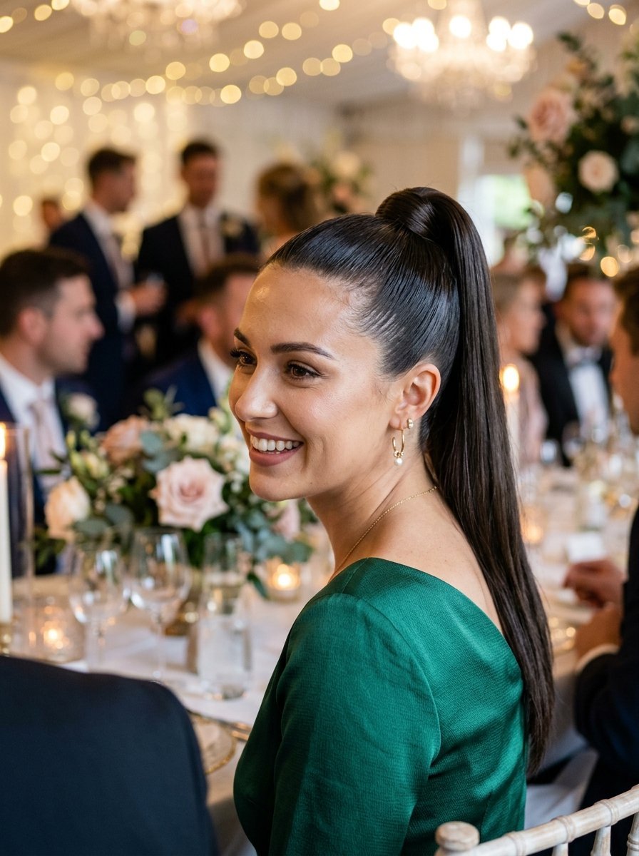 A smiling woman with a high ponytail wearing a satin green dress sits at a formal wedding banquet table.