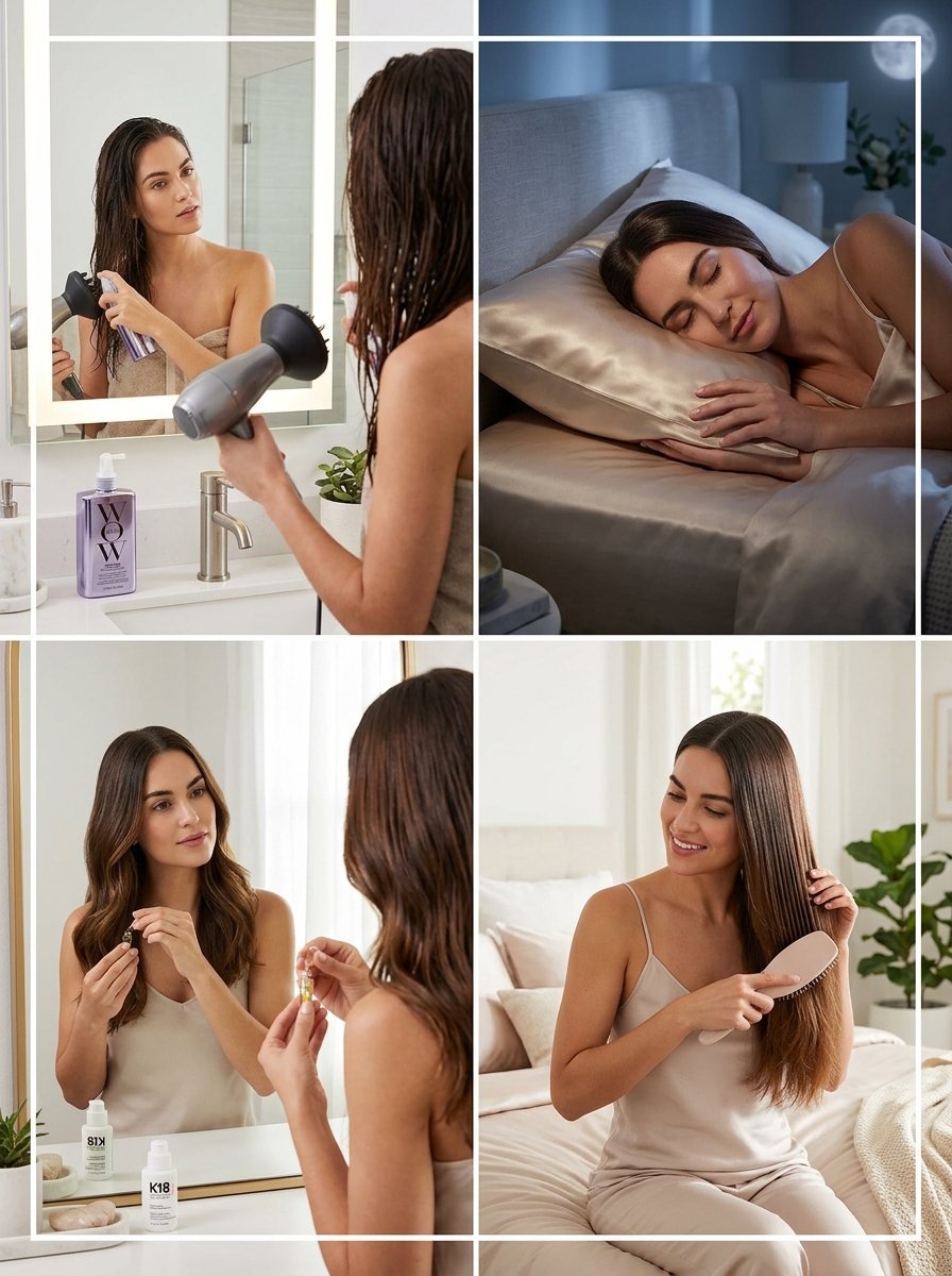 Collage showing a woman styling her hair with products, sleeping on silk, and brushing her smooth, healthy hair.