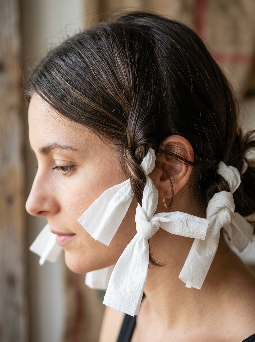 Close-up of a woman in profile with dark hair sectioned and secured by tied strips of white paper.
