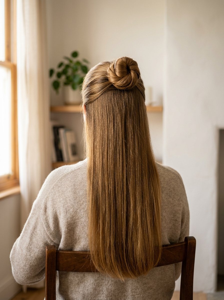 Back view of a woman with long straight blonde hair styled in a small top knot bun while sitting on a wooden chair.