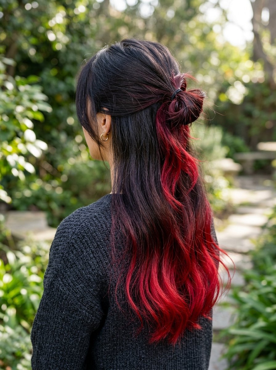 Back view of a person with dark hair styled in a half-up bun with vibrant red coloring on the lower lengths.