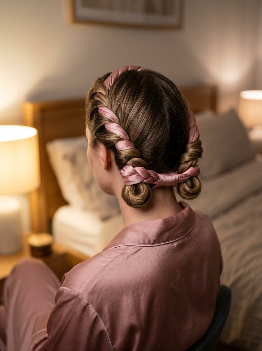 Back view of a woman with braided hair secured with pink satin heatless curling ribbons in a bedroom.