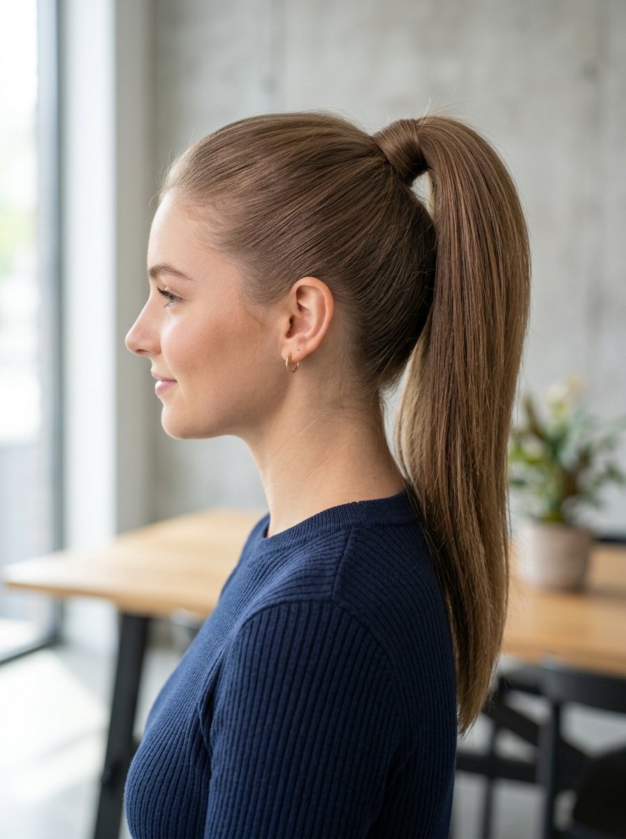 Close up profile view of a woman in a navy shirt wearing a sleek, high brown ponytail hairstyle.