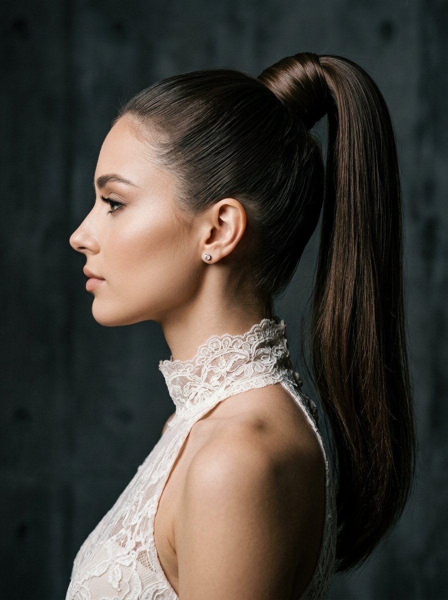 Close-up profile of a woman with long, straight brown hair styled in a smooth, high ponytail against a dark background.