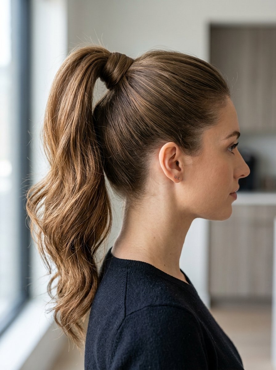 Close up profile of a woman with long wavy brown hair styled in a high wrapped ponytail