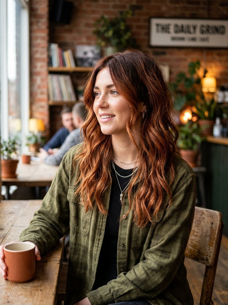 Portrait of a smiling woman with long auburn hair wearing an olive green shirt, holding a mug inside a cozy coffee shop.