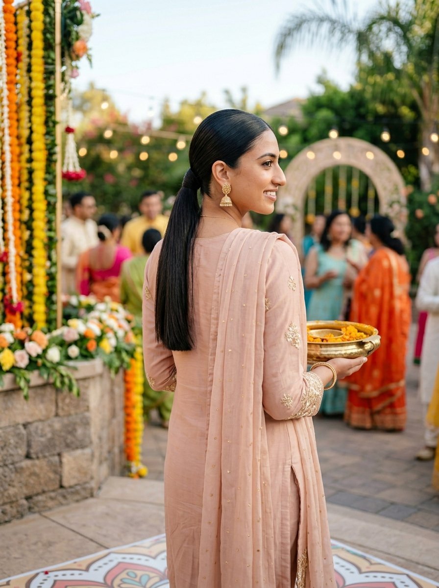 Back view of a woman with a ponytail in traditional clothing holding a bowl of marigold flowers at a celebration.