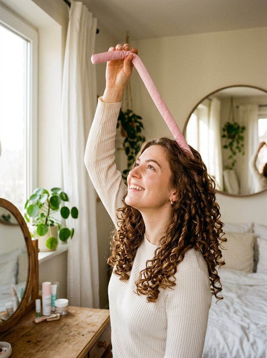 Young woman with long curly brown hair holding a pink satin heatless curler above her head.