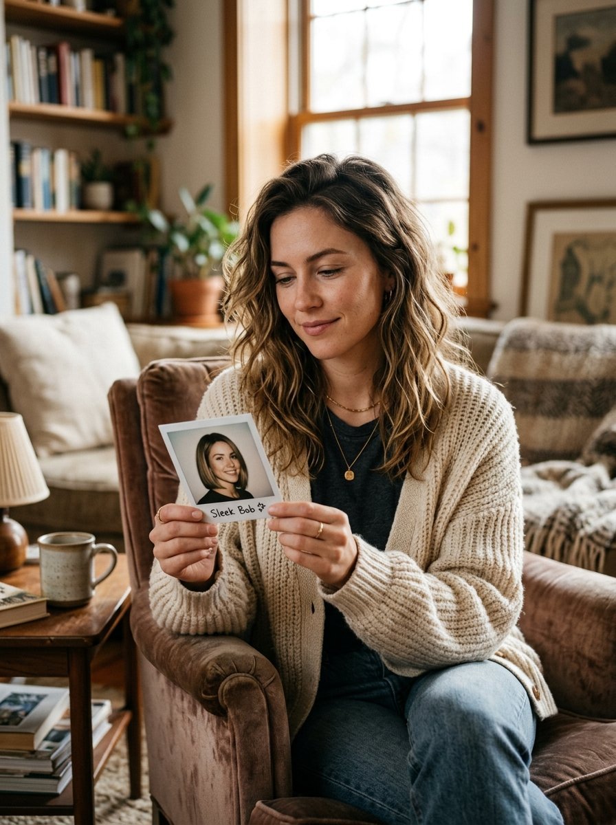Woman with wavy hair sitting in a chair while holding a small portrait photo labeled Sleek Bob.