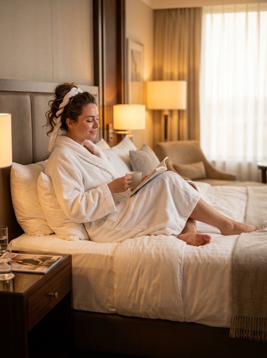 Smiling woman in a white bathrobe and headwrap reading a book while drinking tea in a comfortable hotel bedroom.