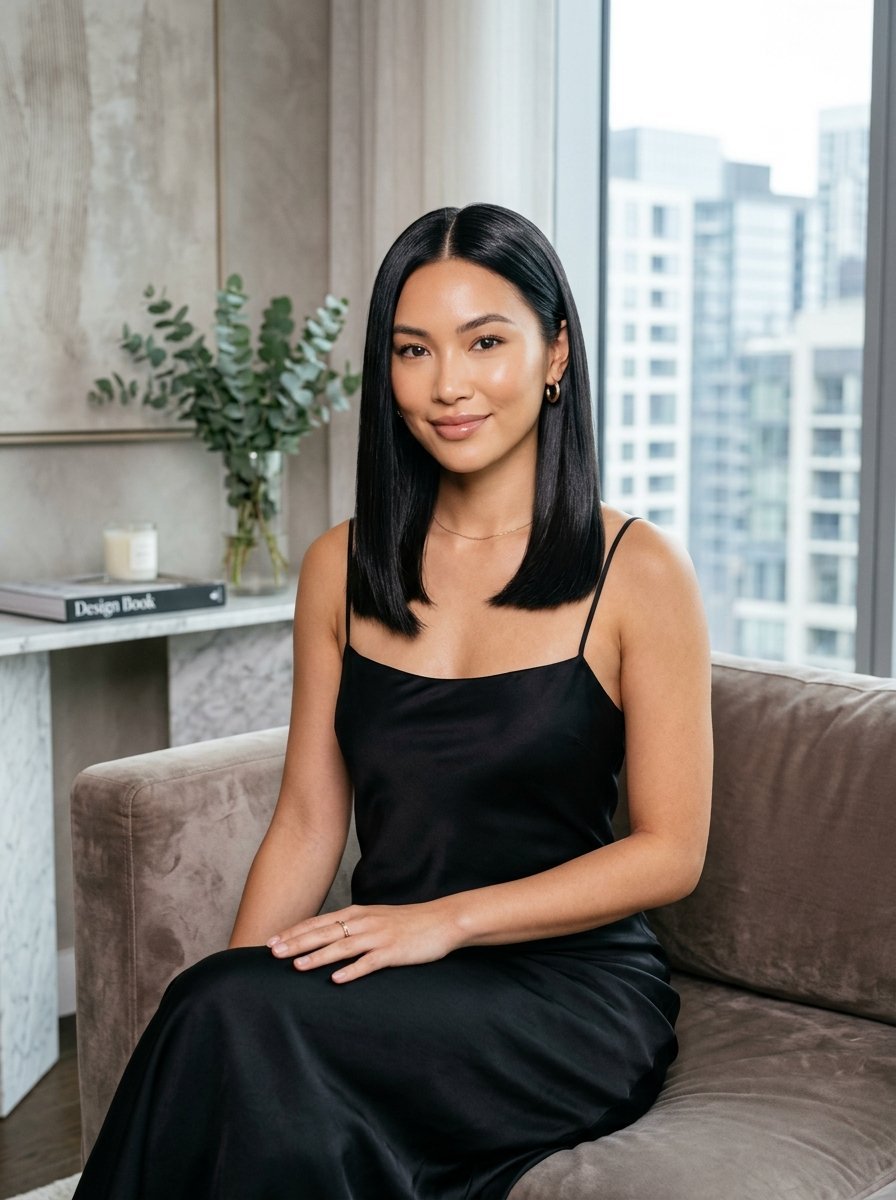 A woman with straight black hair wearing a black spaghetti strap dress sits on a velvet sofa near a window.