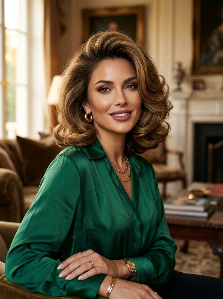 A smiling woman with wavy brunette hair wearing a green silk blouse and gold jewelry in a refined living room.