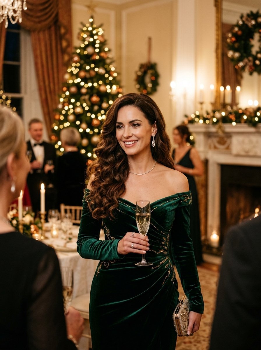 A smiling woman wearing a dark green velvet off-shoulder gown holds a glass of champagne during a holiday event.