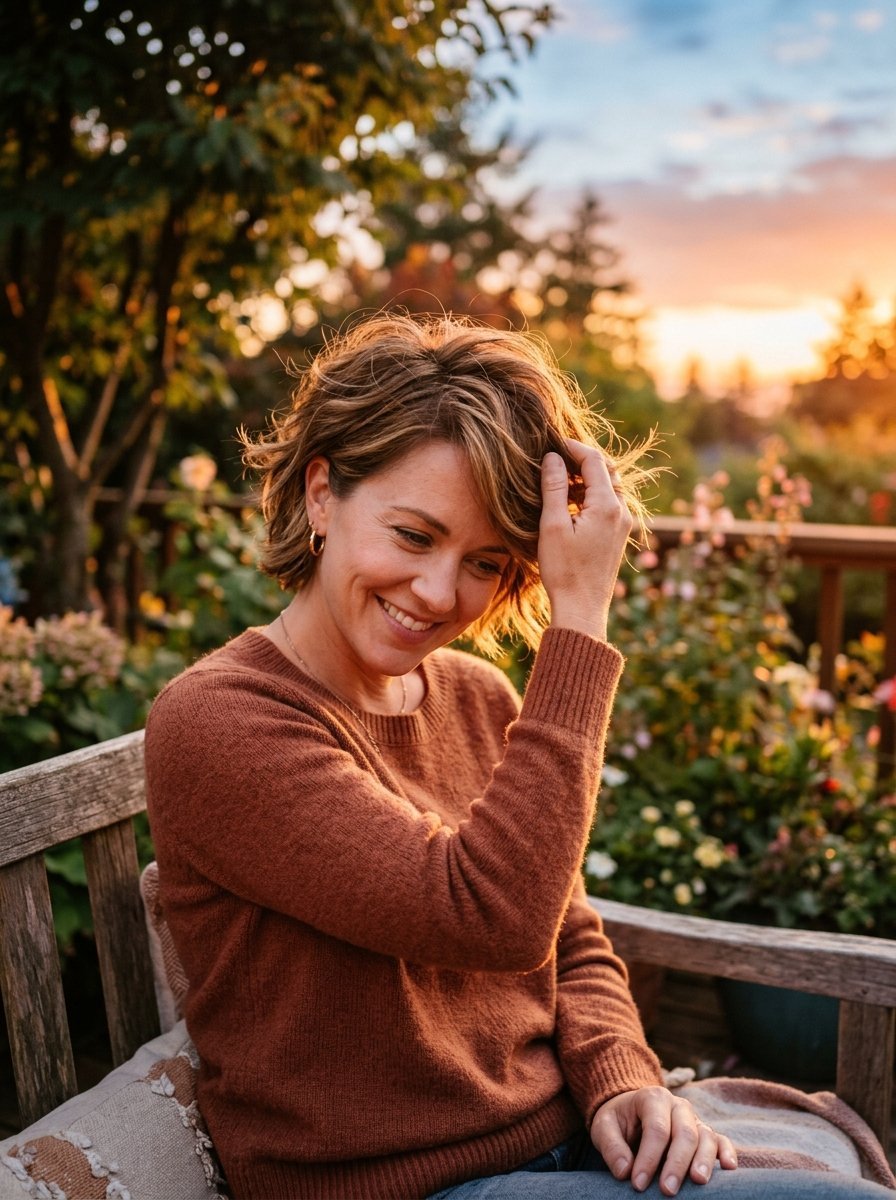 Portrait of a smiling woman with wavy short hair sitting on a wooden bench at dusk.