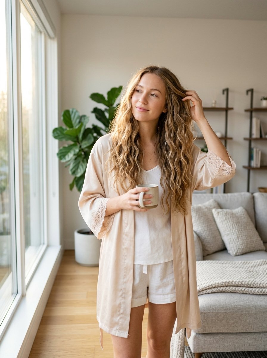 A blonde woman in a beige silk robe and linen pajamas holds a coffee mug while standing near a bright window.