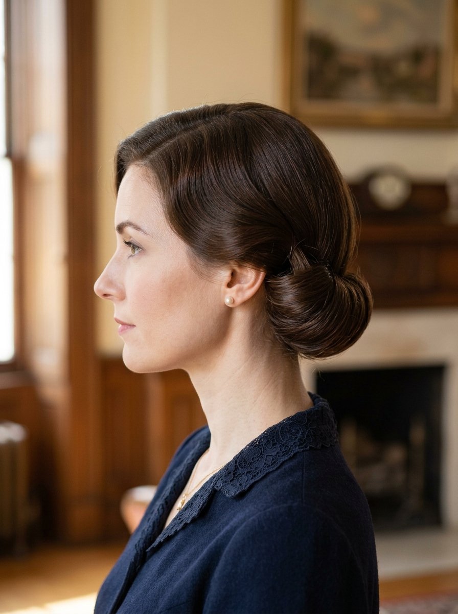 Side profile of a woman wearing a navy blue lace-trimmed dress and simple pearl earrings in a classic room.