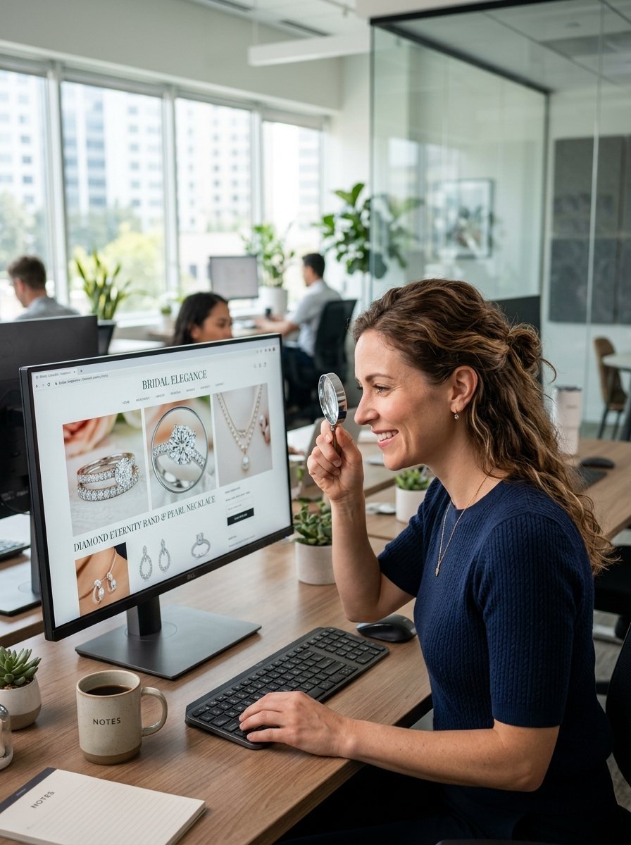 Professional looking closely at diamond ring images on a computer screen in an office setting.