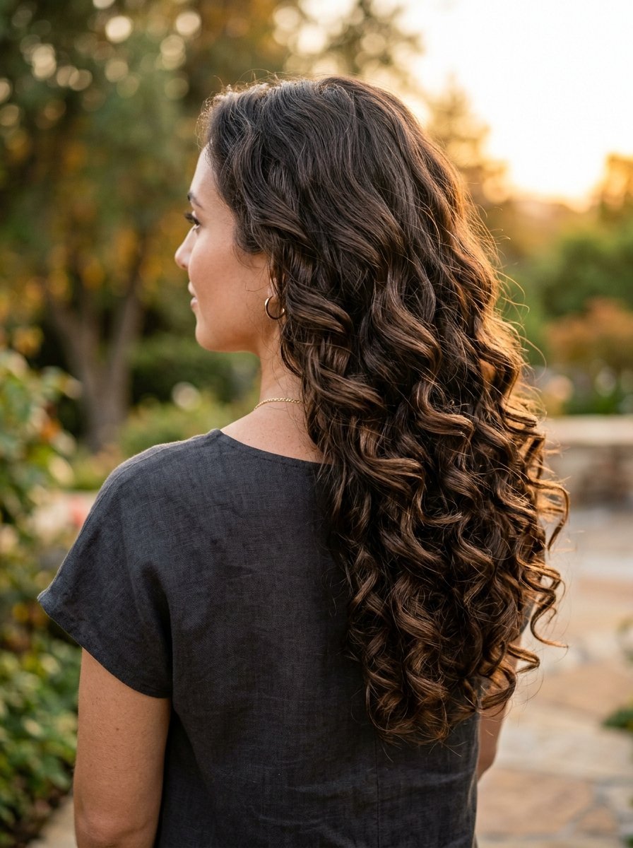 Back view of a woman with long wavy brown hair wearing a dark grey linen shirt outdoors at sunset.
